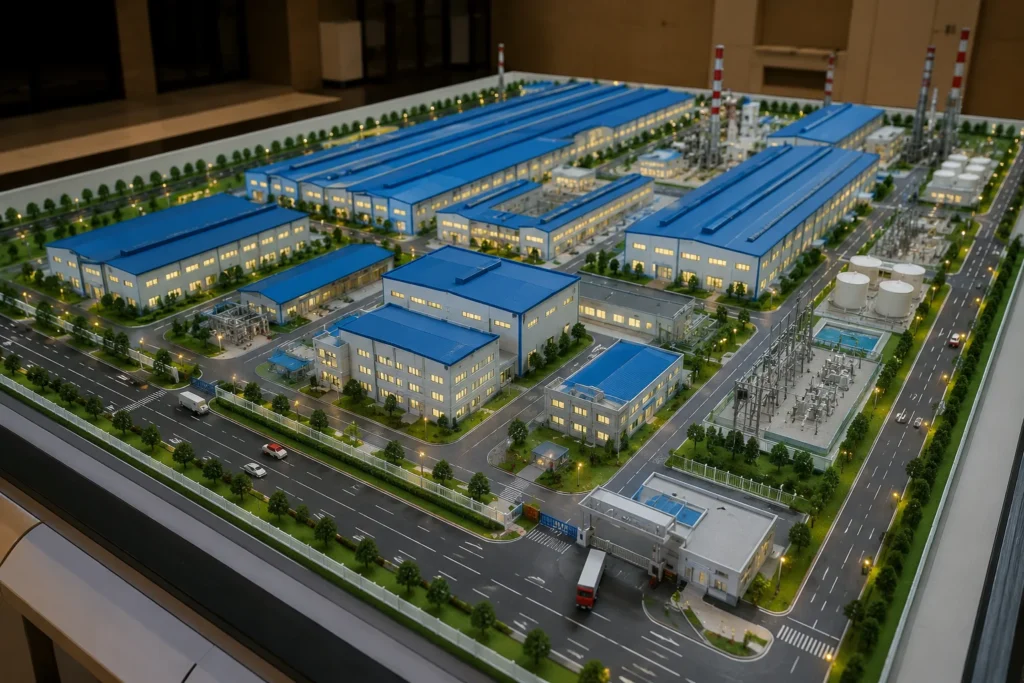 Industrial model showcasing refinery, power plant, factory layout, process plant engineering systems, pipelines, storage tanks, and industrial infrastructure in a detailed scale model.