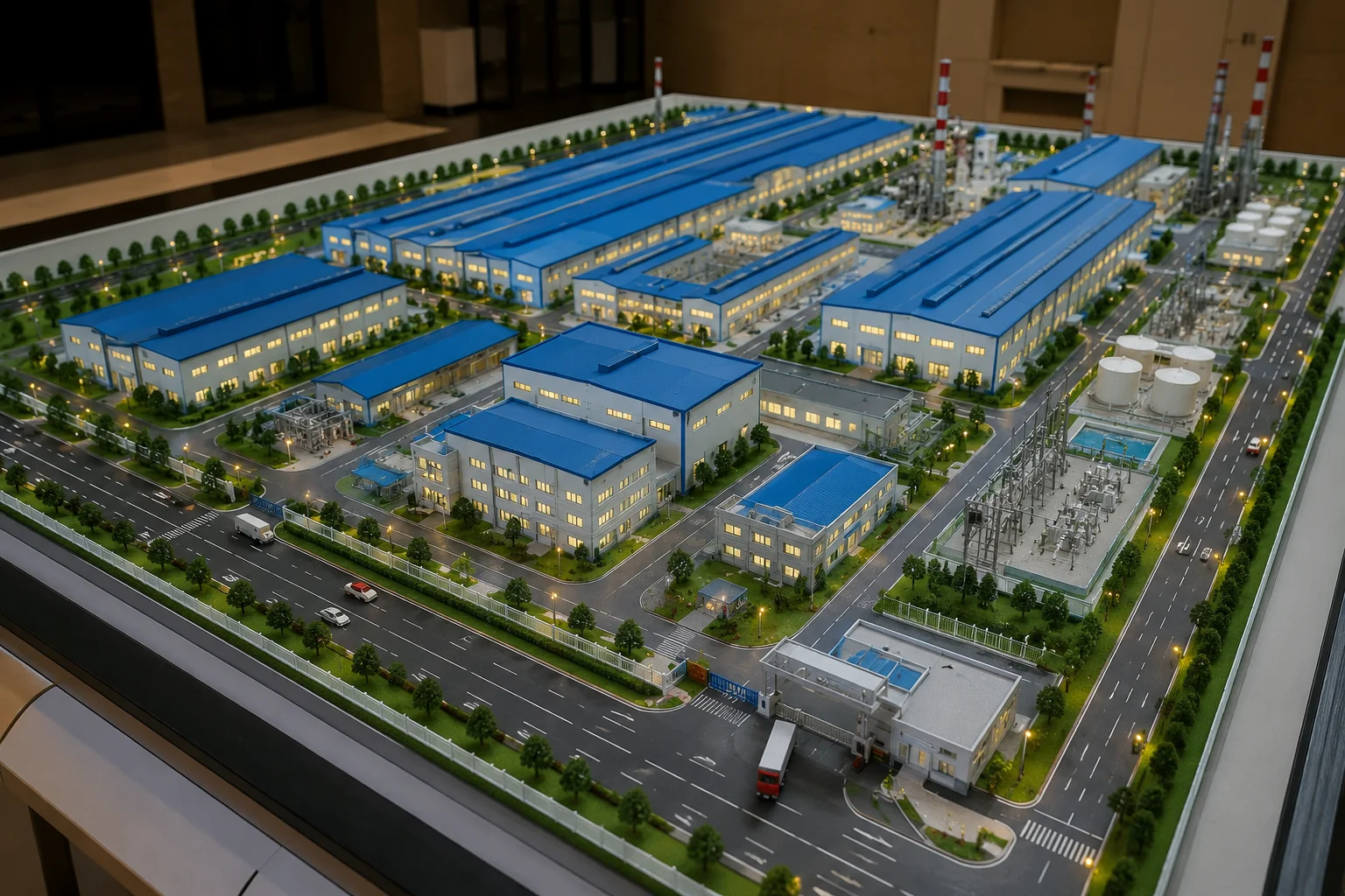 Industrial model showcasing refinery, power plant, factory layout, process plant engineering systems, pipelines, storage tanks, and industrial infrastructure in a detailed scale model.