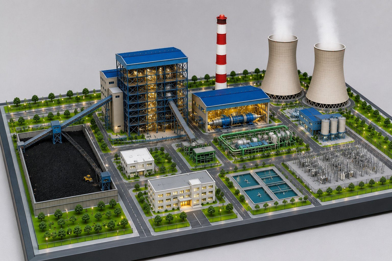 thermal power plant working diagram with labeled components boiler turbine generator condenser