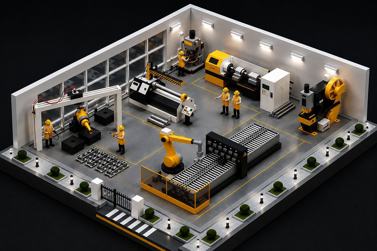 Robotic assembly model showing robot arm, conveyor system, workstations and manufacturing equipment