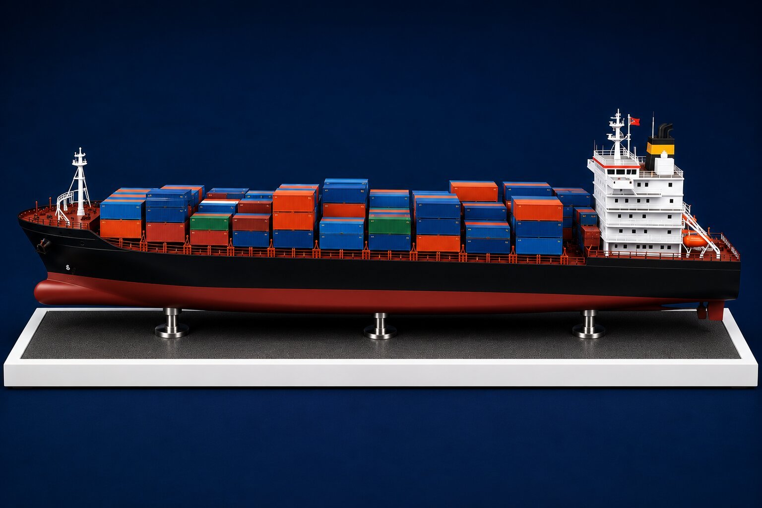Detailed bulk carrier ship model featuring large cargo holds, deck hatch covers, navigation bridge, mooring equipment, cranes, railings, stern section, and realistic hull construction