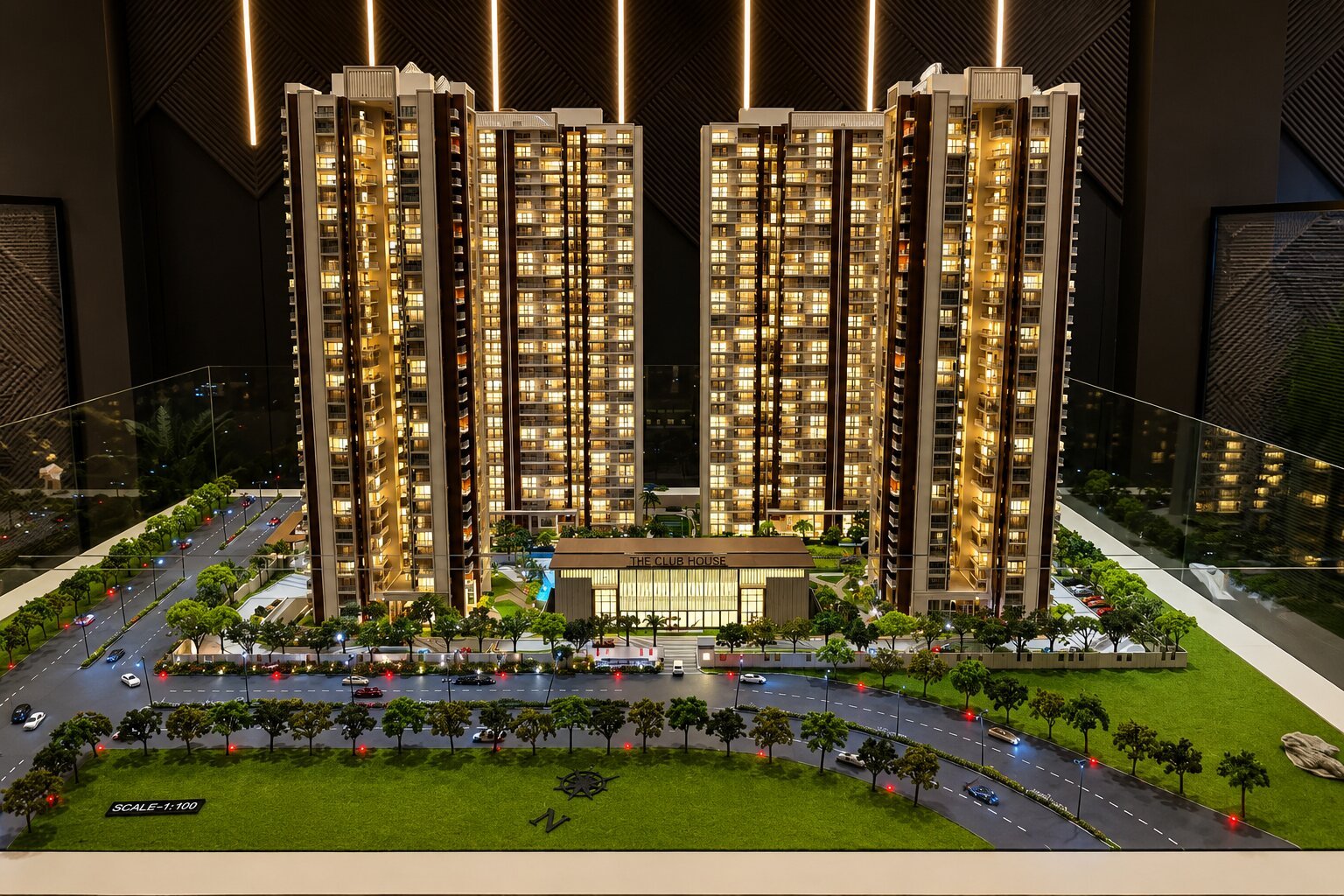 Detailed high-rise office tower architectural model featuring a contemporary façade, vertical glazing, entrance plaza, surrounding landscape, roads, and carefully designed site elements