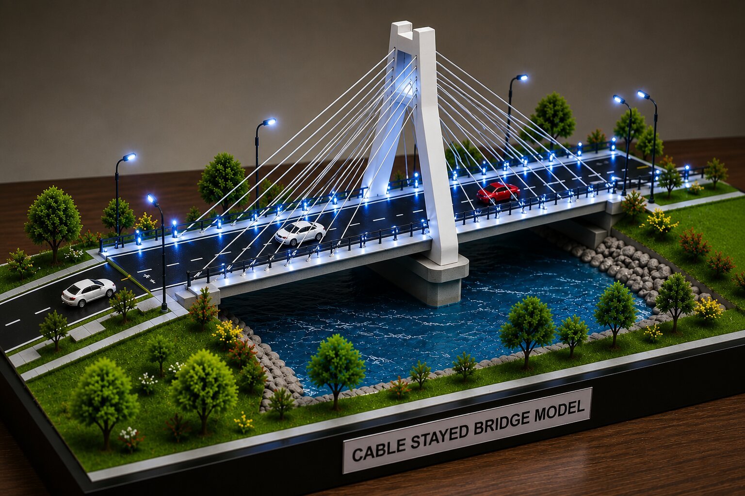 Realistic cable-stayed bridge engineering model showing tall pylons, suspension cables, bridge deck, structural supports, road surface, and professionally finished baseboard