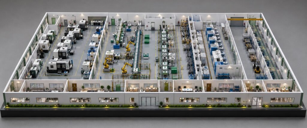 Industrial automation model with factory layout and robotic systems