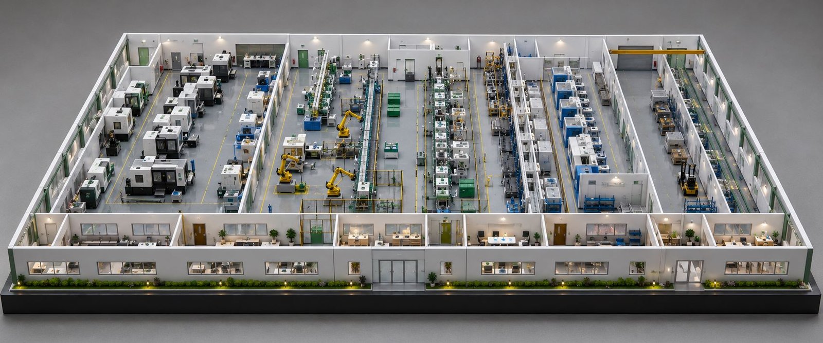 Industrial automation model with factory layout and robotic systems