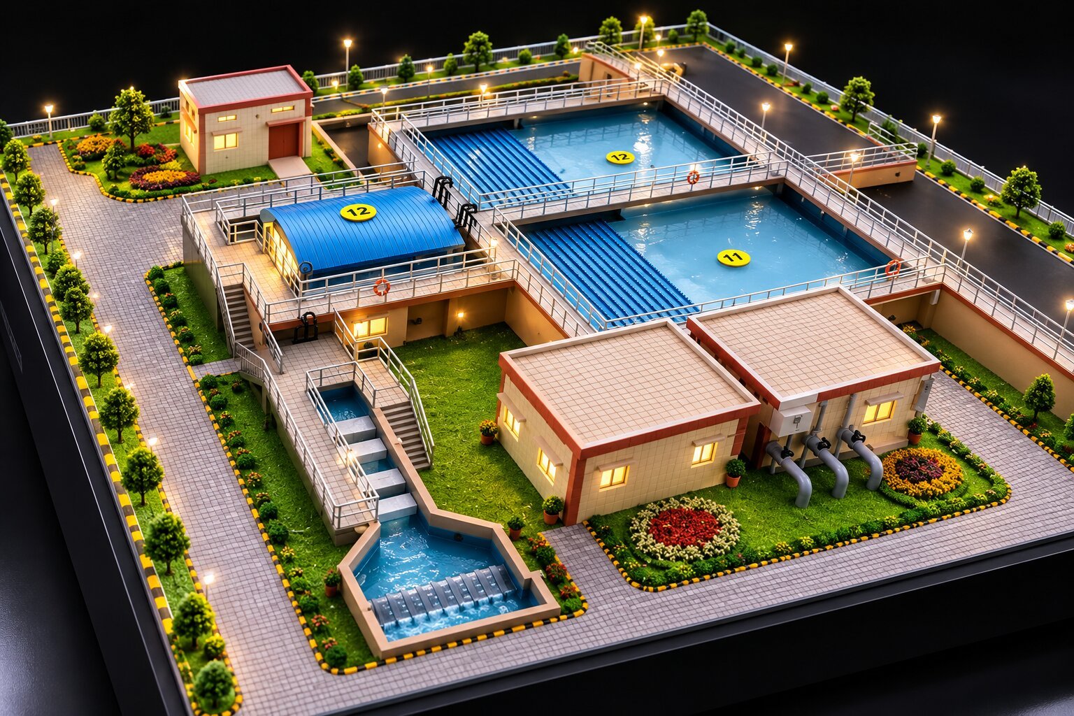 Architectural engineering model showing building structure, floors, facade elements and detailed construction features