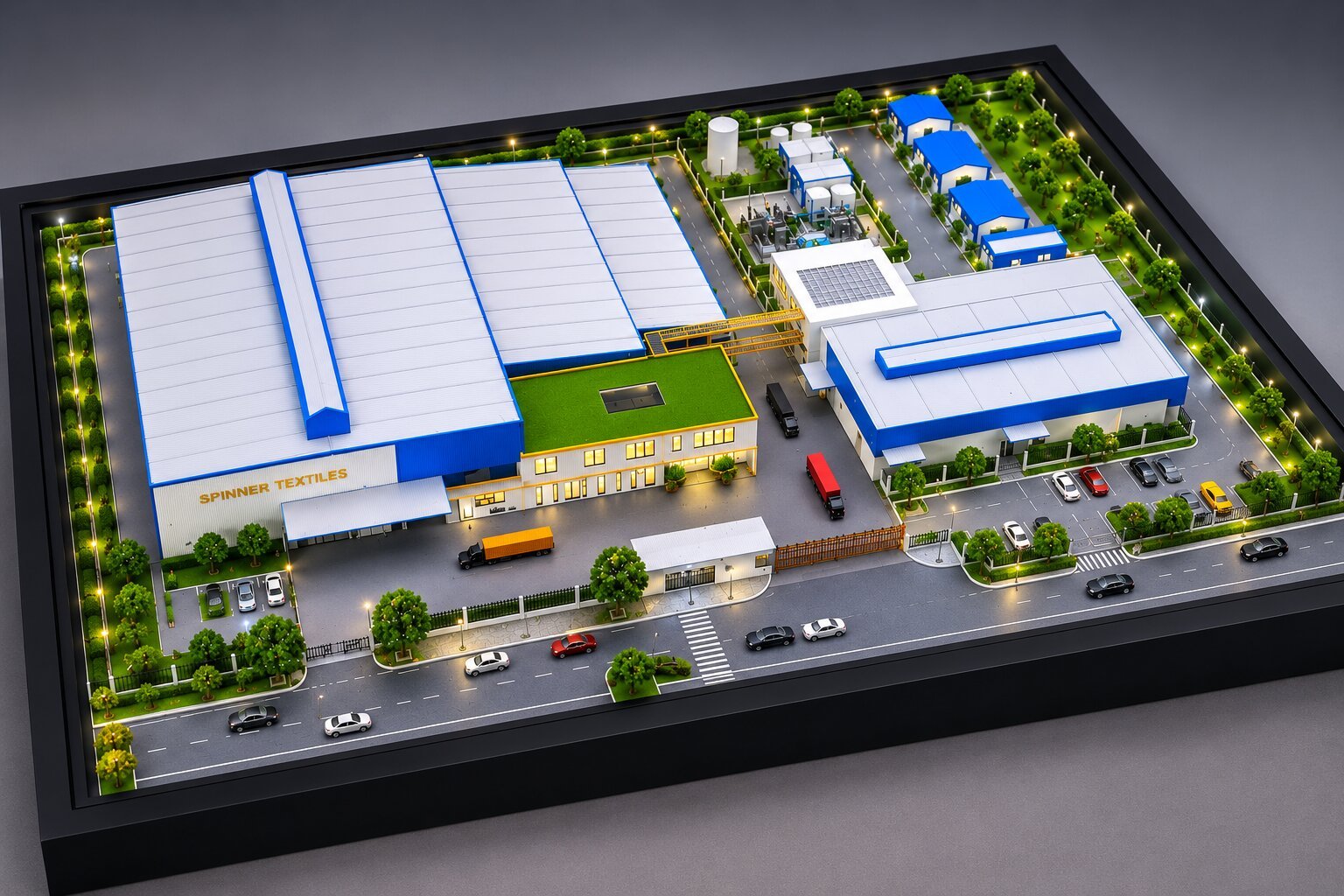 Realistic factory industrial model showing production buildings, storage areas, internal roads, utility sections, loading zones, equipment spaces, and detailed site infrastructure