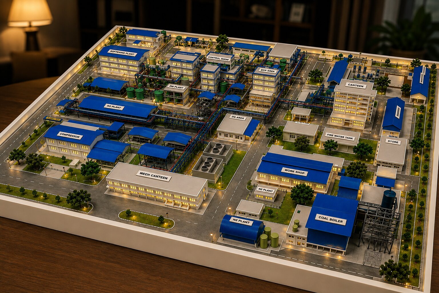 Professional distribution hub model featuring multiple warehouse buildings, loading docks, truck parking, dispatch areas, service roads, office facilities, and organized logistics infrastructure