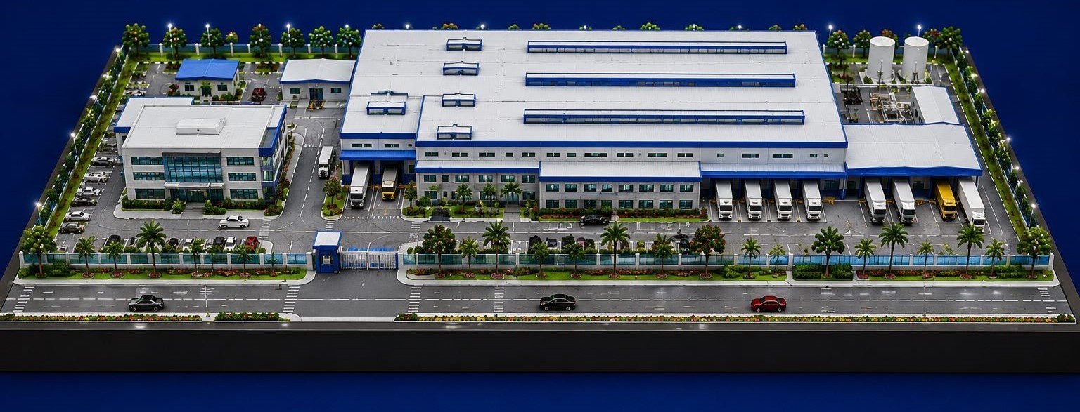 Industrial architectural model of a modern factory complex on a rectangular base with detailed warehouses, loading bays, roads, parking, landscaping, and storage tanks.