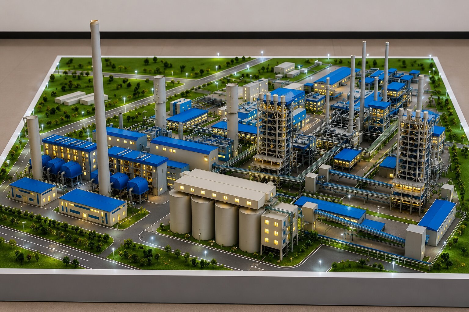 Realistic textile factory model featuring production sheds, raw material storage, finished goods area, worker facilities, loading bays, internal roads, and landscaped surroundings