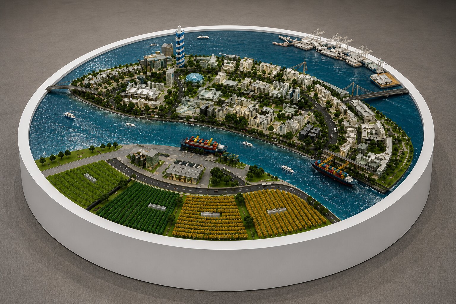 Urban development model showing buildings, roads, parks, pedestrian areas and planned city infrastructure