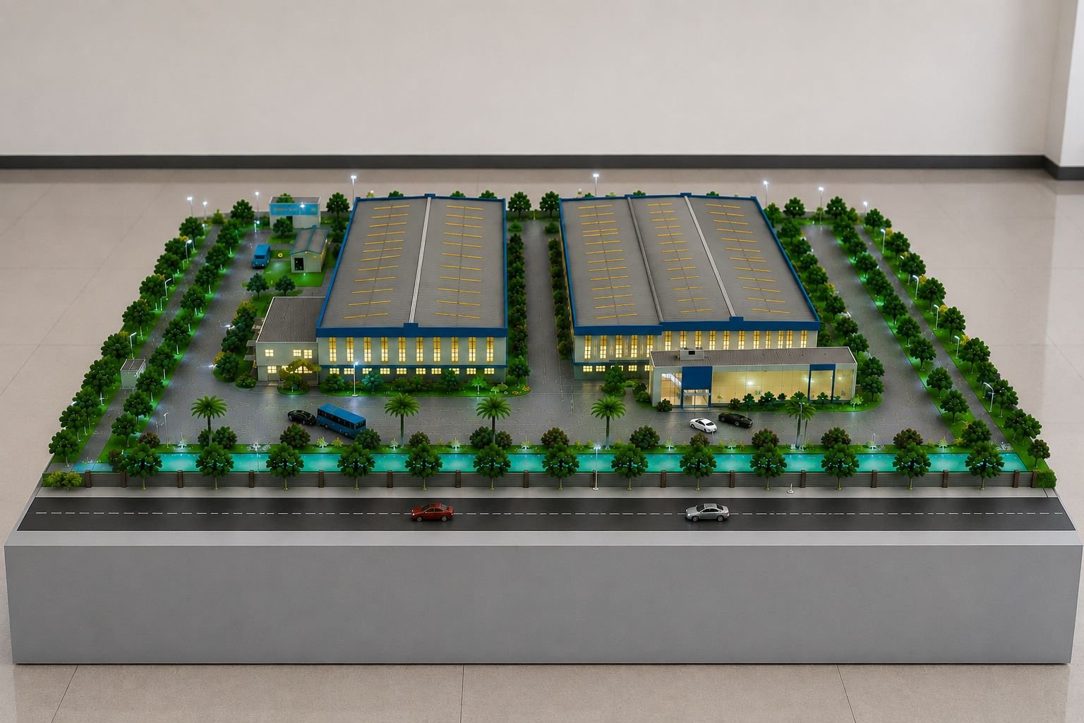 Realistic fertilizer plant model featuring processing structures, storage facilities, material handling zones, control building, utility sections, access roads, and organized plant infrastructure