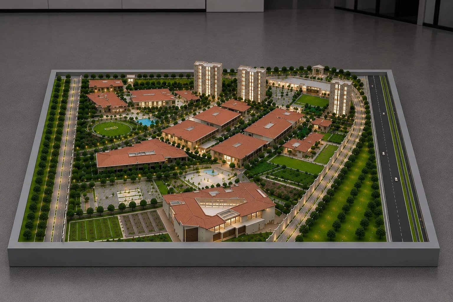 Realistic film city master plan model featuring studio buildings, production facilities, outdoor sets, visitor areas, internal roads, parking zones, landscaped spaces, and service infrastructure