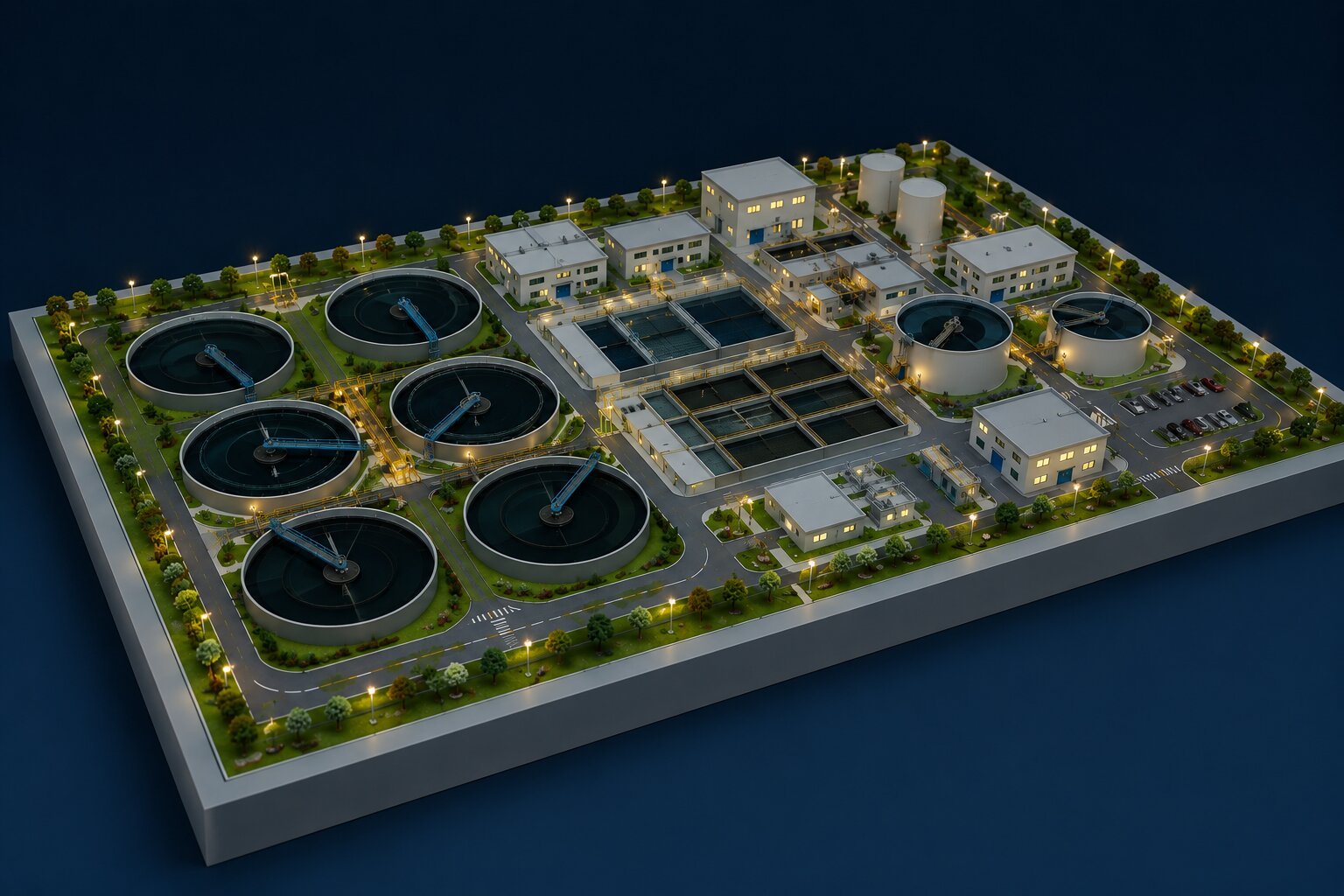 Water treatment plant engineering model showing treatment tanks, pipelines, pumps and process structures