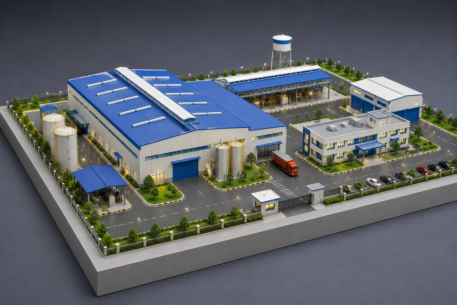 Chemical plant industrial model with storage tanks, process equipment, pipelines and structural platforms