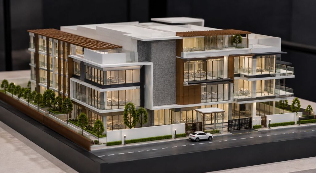 Professional physical architectural building model with glass façade and landscaping