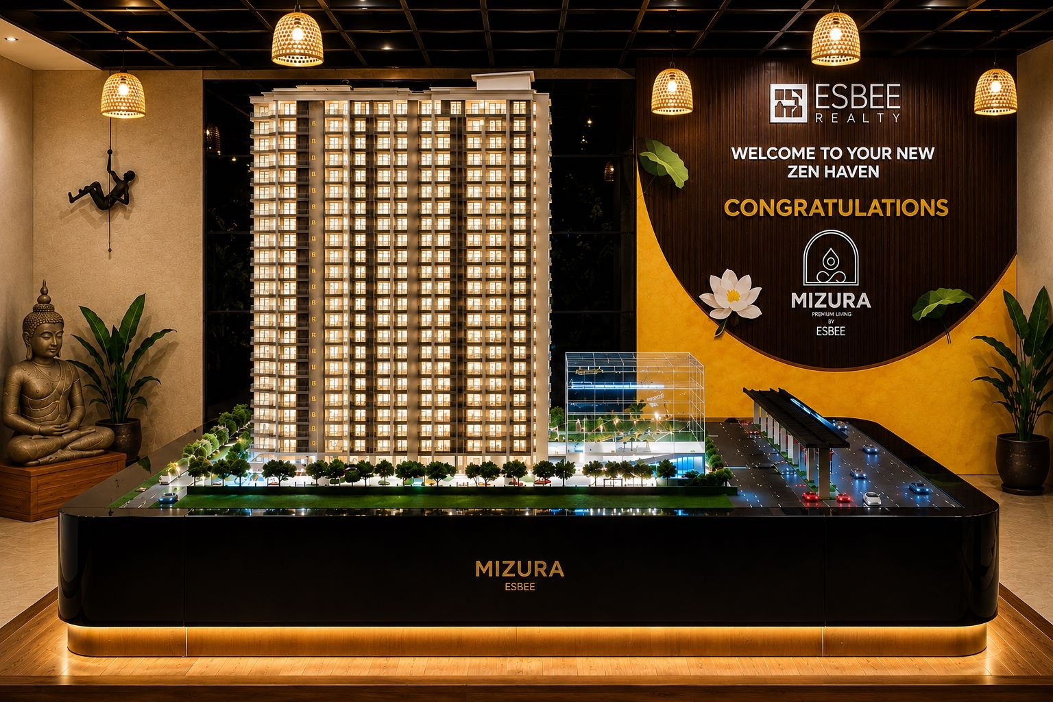 Realistic high-rise housing tower architectural model featuring multiple residential floors, projecting balconies, glazed windows, landscaped podium, entrance driveway, parking area, and detailed baseboard