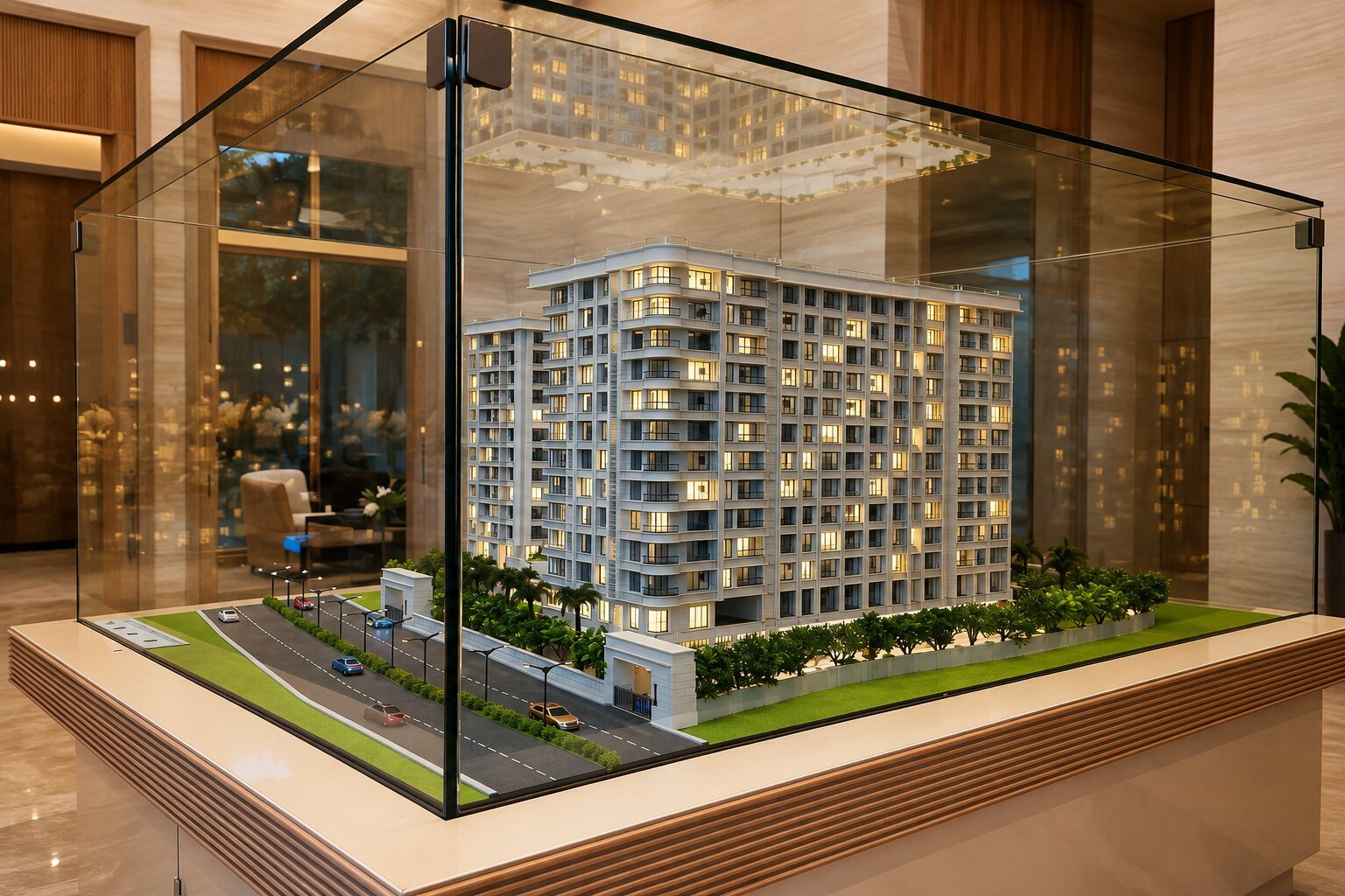 Realistic penthouse architectural model displaying stepped terraces, luxury residences, glazed façades, rooftop features, landscaped areas, entrance zone, and detailed presentation base