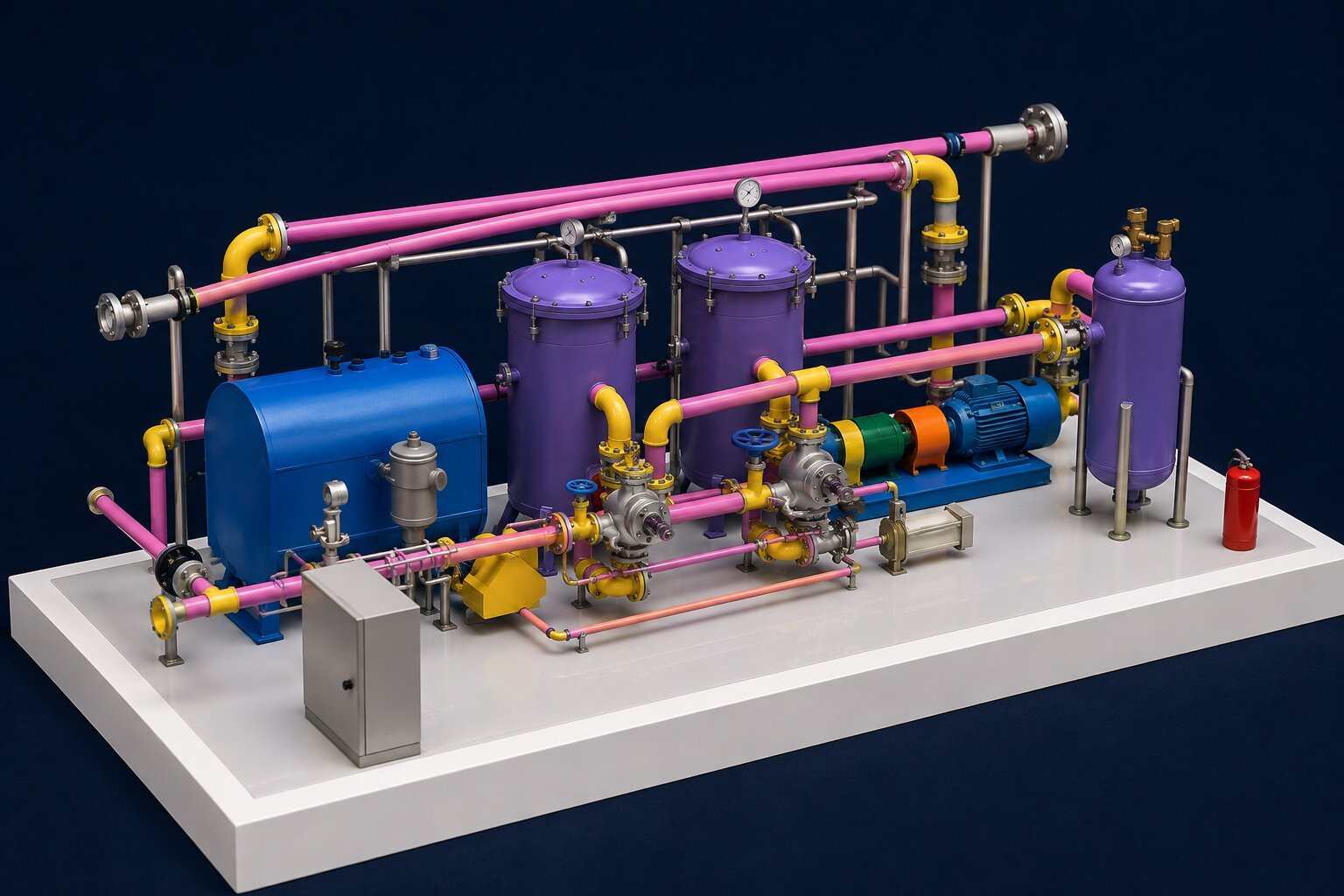 Realistic desalination piping model featuring treatment lines, pump connections, filtration sections, valves, pipe supports, water transfer routes, and equipment interfaces