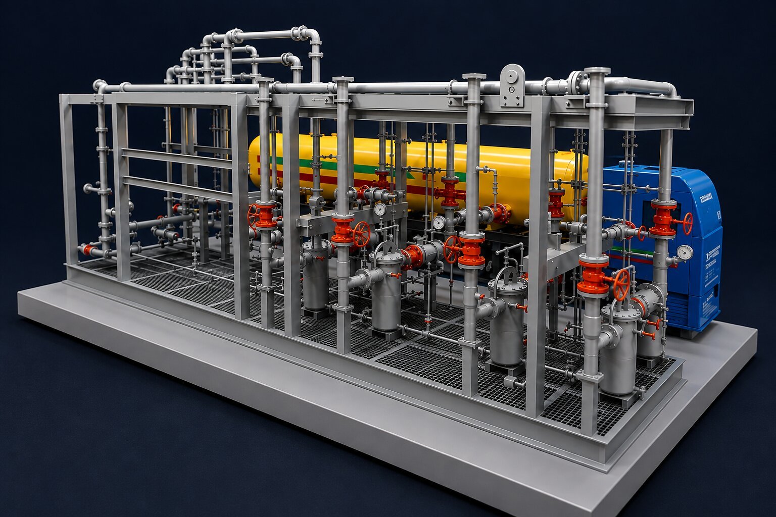Detailed refinery piping model showing process pipelines, valves, equipment connections, pipe supports, access platforms, vertical lines, and interconnected plant systems