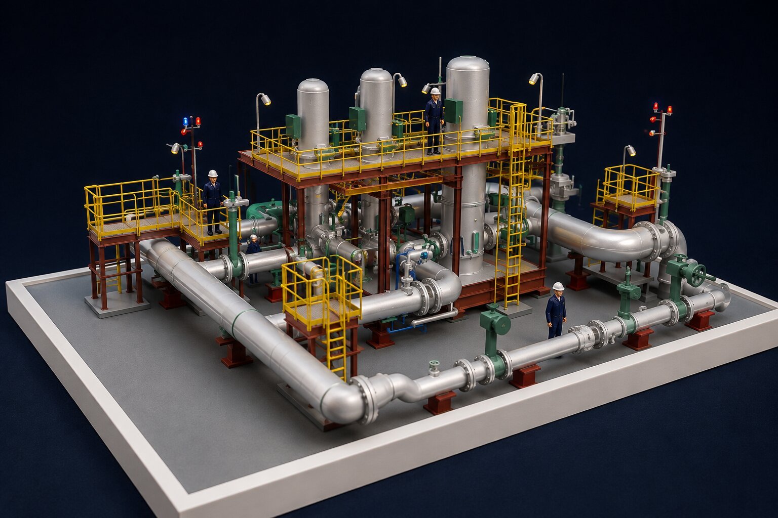 Detailed fire water piping model featuring main distribution headers, branch lines, hydrant connections, control valves, support brackets, equipment areas, and organized safety network