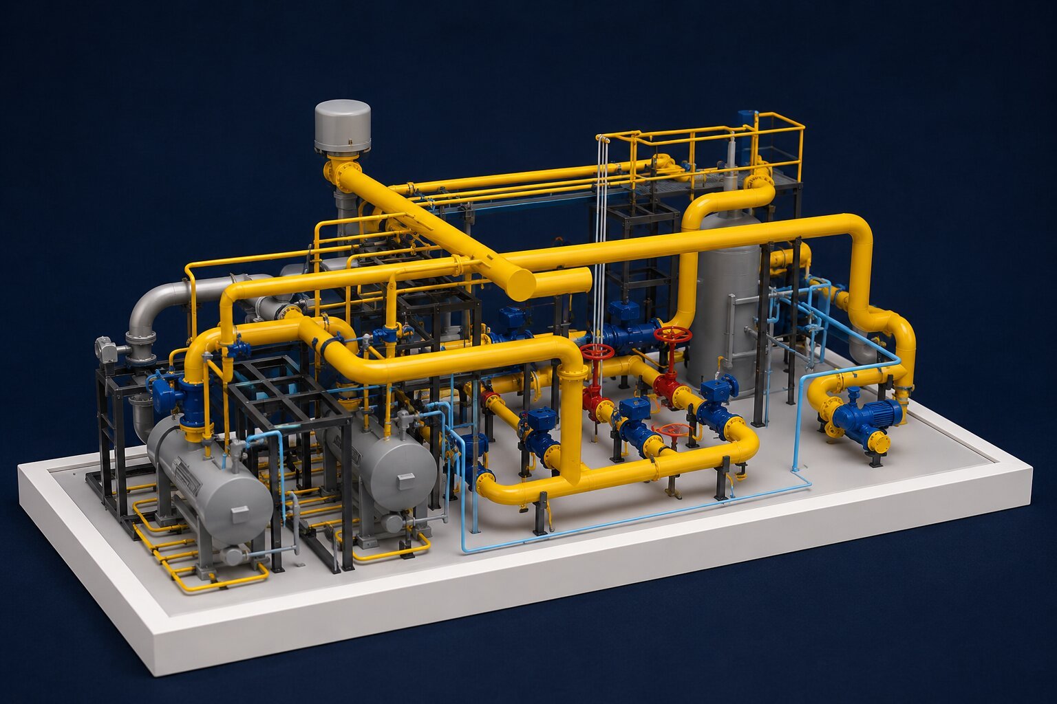 Pipeline engineering model showing detailed pipe routes, joints, valves, supports and industrial connections