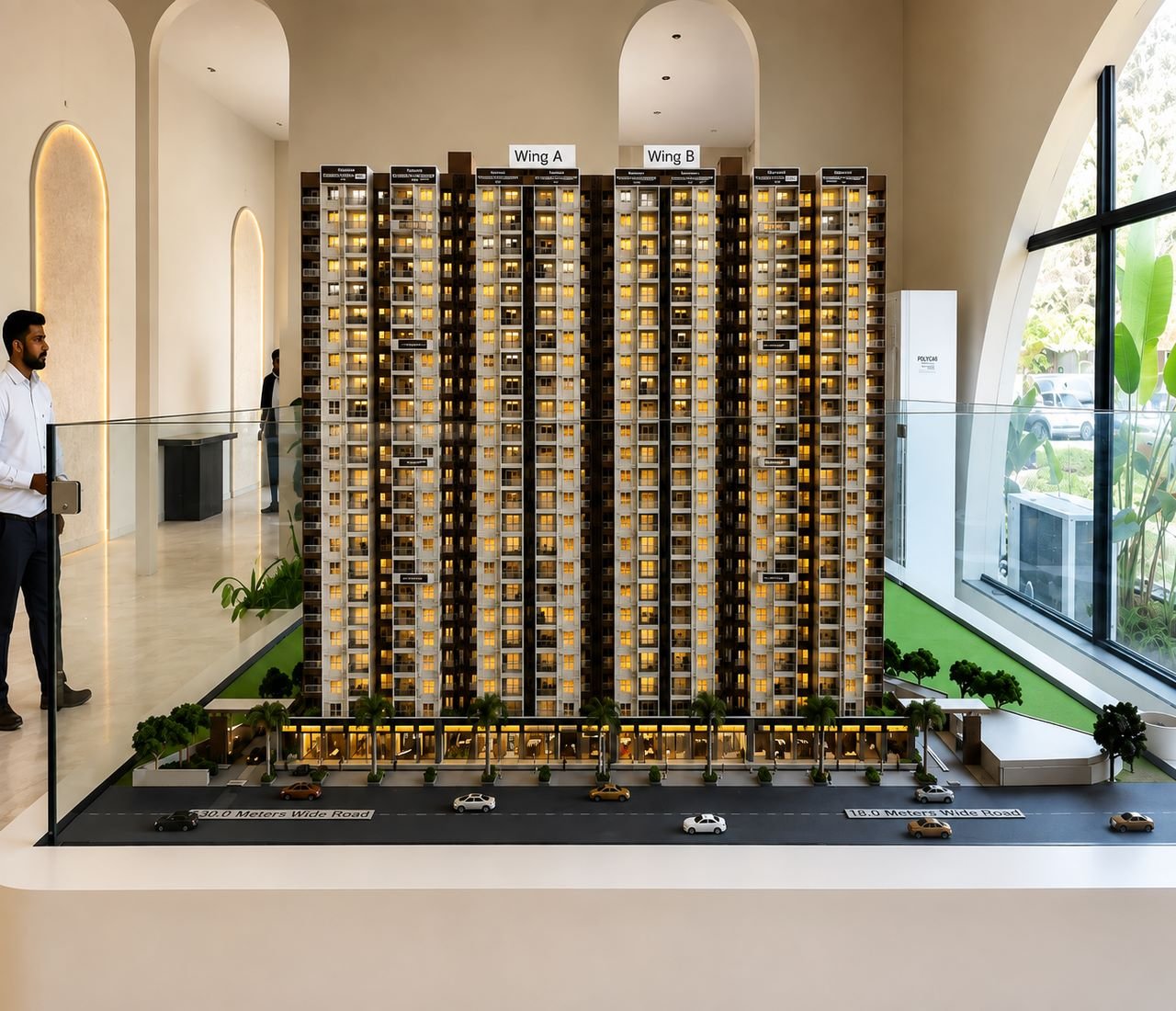 Modern residential architectural model with detailed facade, windows, terraces, landscaping and site features