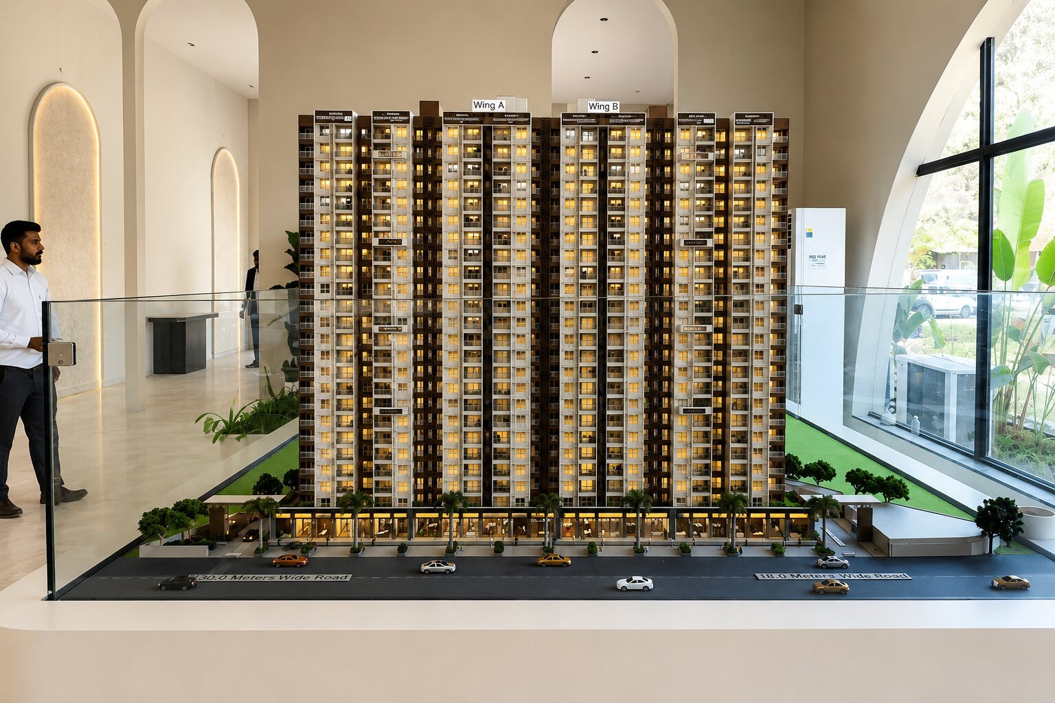 Luxury residential architectural model with contemporary facade, terrace, garden, driveway and entrance details