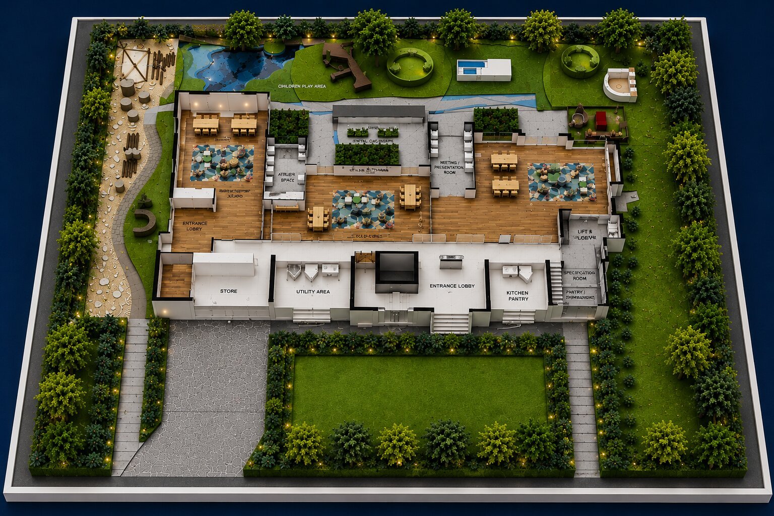 Detailed coastal township model featuring residential sectors, commercial zones, waterfront spaces, landscaped parks, connecting roads, community facilities, and planned public infrastructure