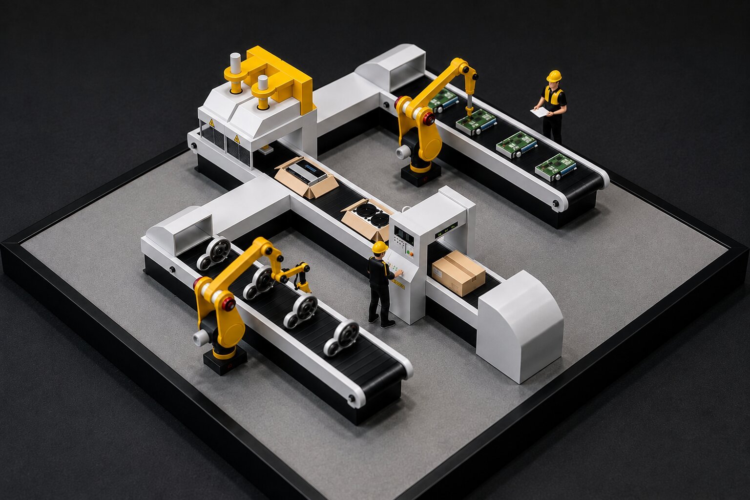 Realistic industrial robotic automation model featuring robotic arms, production machinery, conveyor systems, workstations, safety areas, and organized factory layout