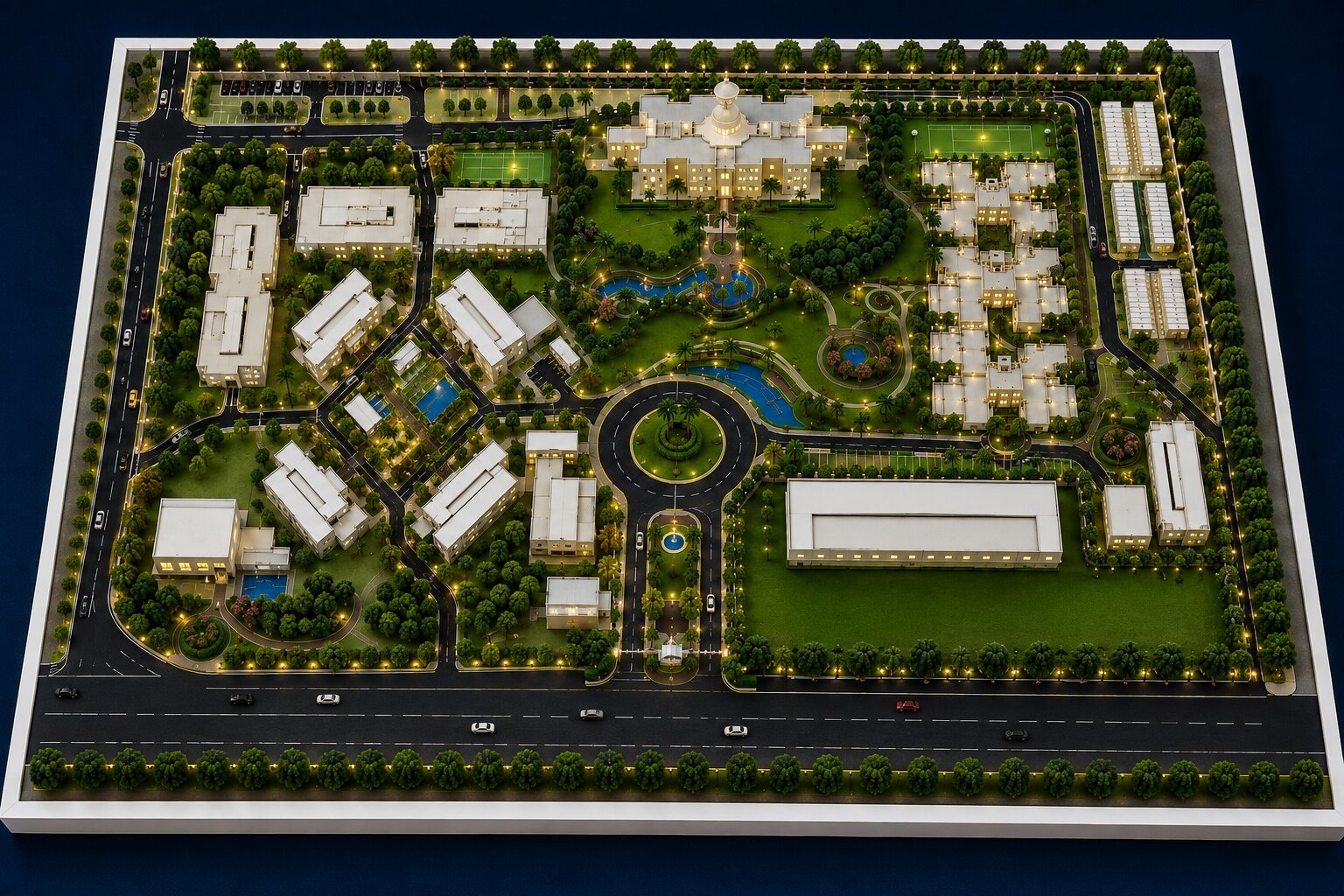 Urban master plan model displaying buildings, roads, public spaces, parks and planned development areas