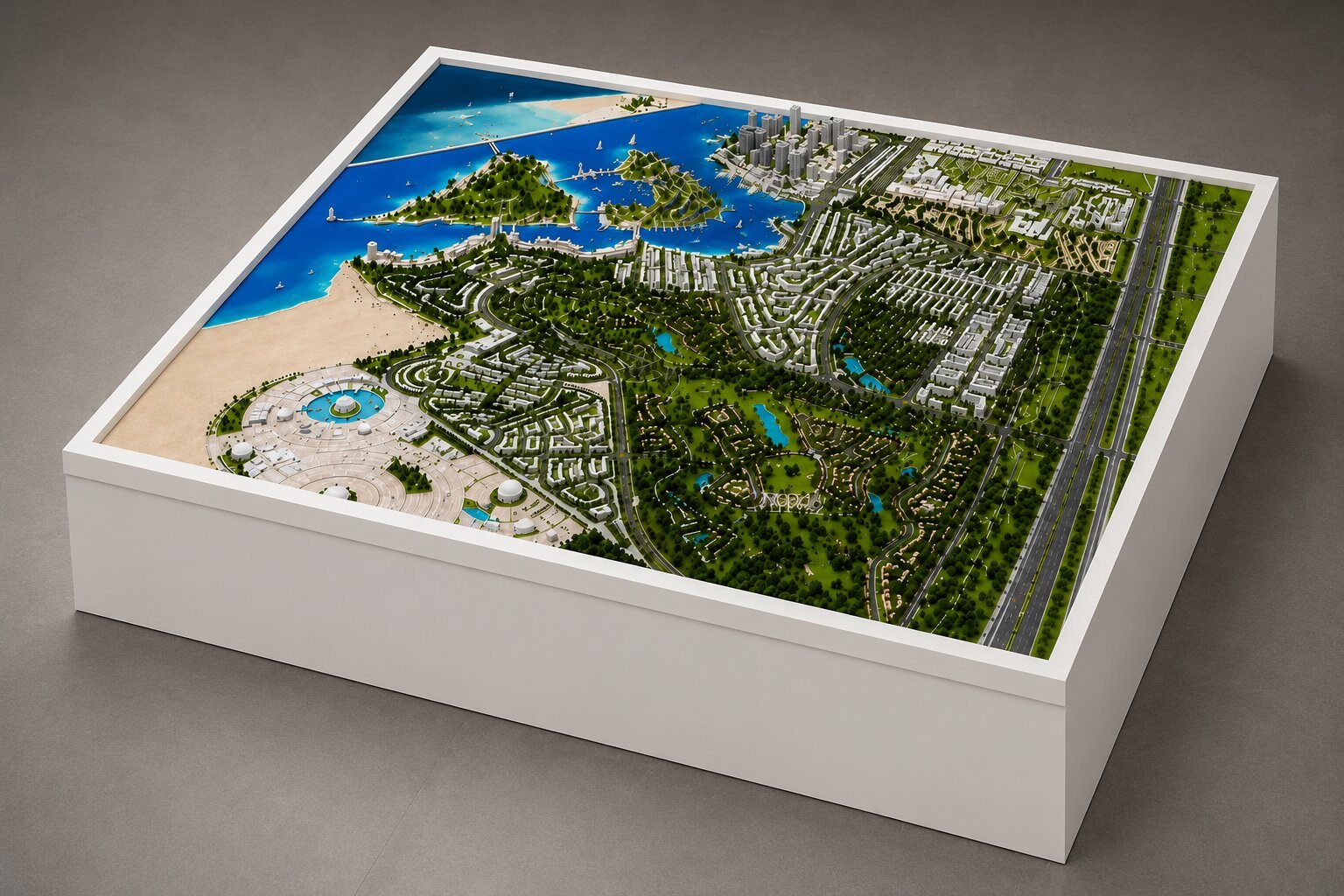 Professional residential master plan model showing housing blocks, landscaped gardens, internal roads, community facilities, parking areas, pedestrian pathways, and open spaces