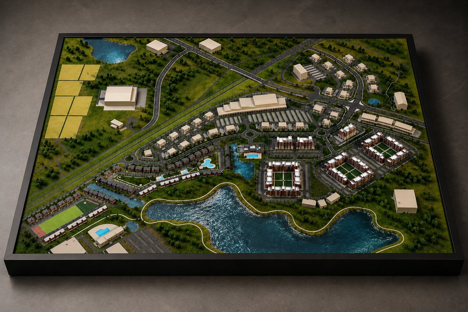 Professional waterfront development model showing residential and commercial buildings, promenade areas, landscaped parks, water edge features, roads, pedestrian zones, and public spaces