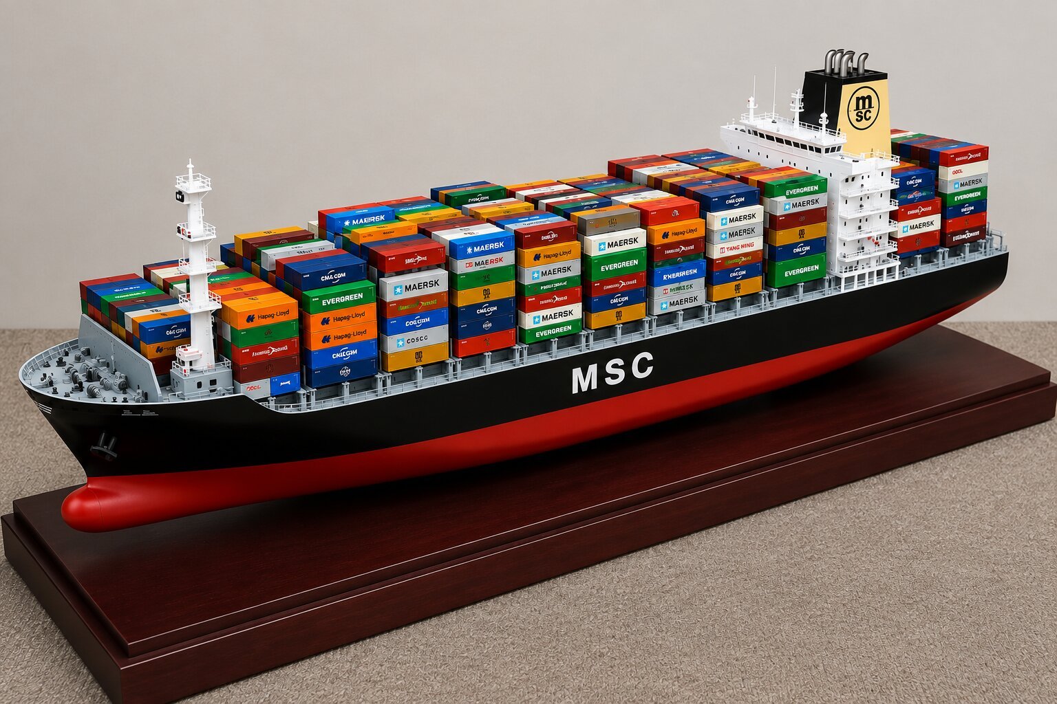 Detailed container feeder ship model showing compact cargo deck, container stacks, navigation bridge, mooring equipment, deck fittings, hull structure, and marine safety elements
