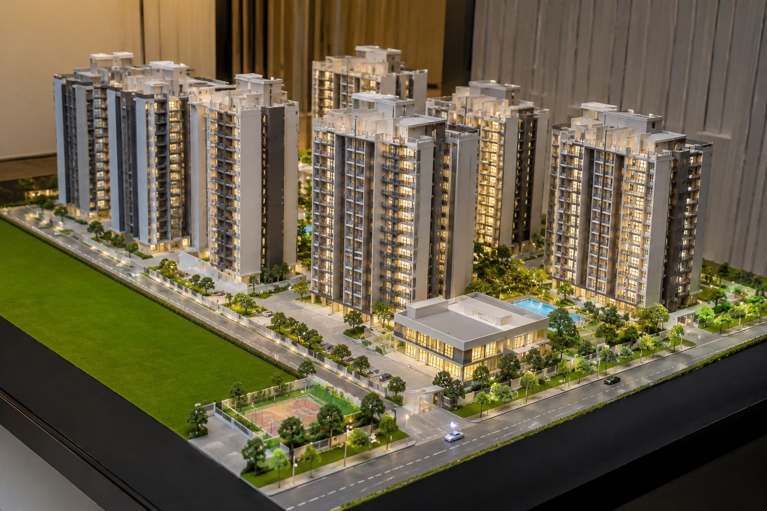 Architectural model of modern residential complex with detailed landscaping