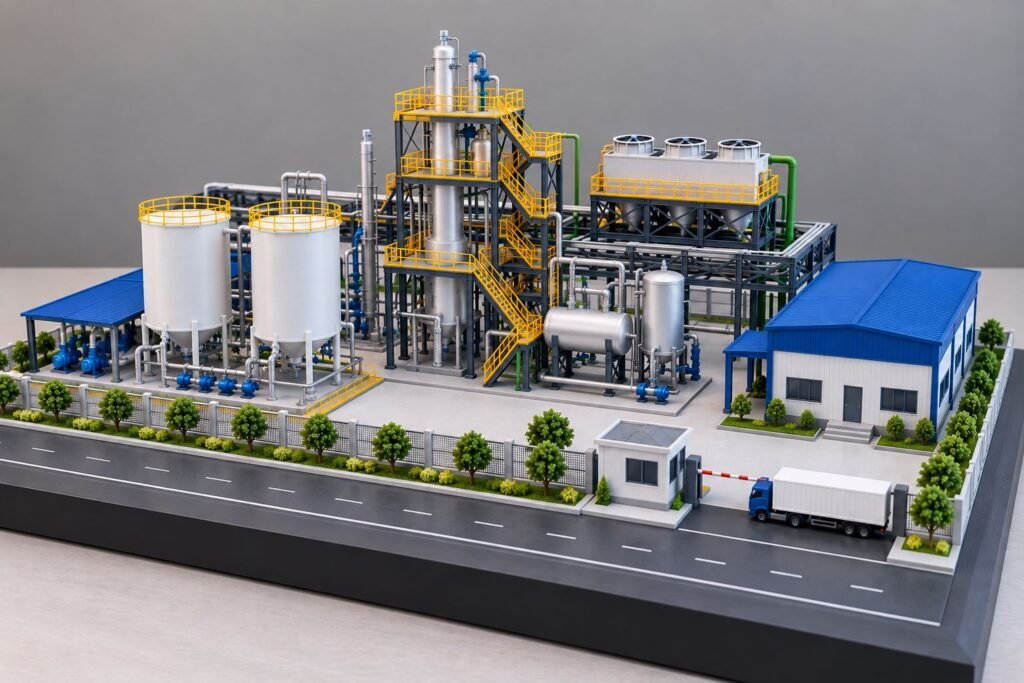 3D printed industrial model with tanks, equipment, pipes and wooden baseboard