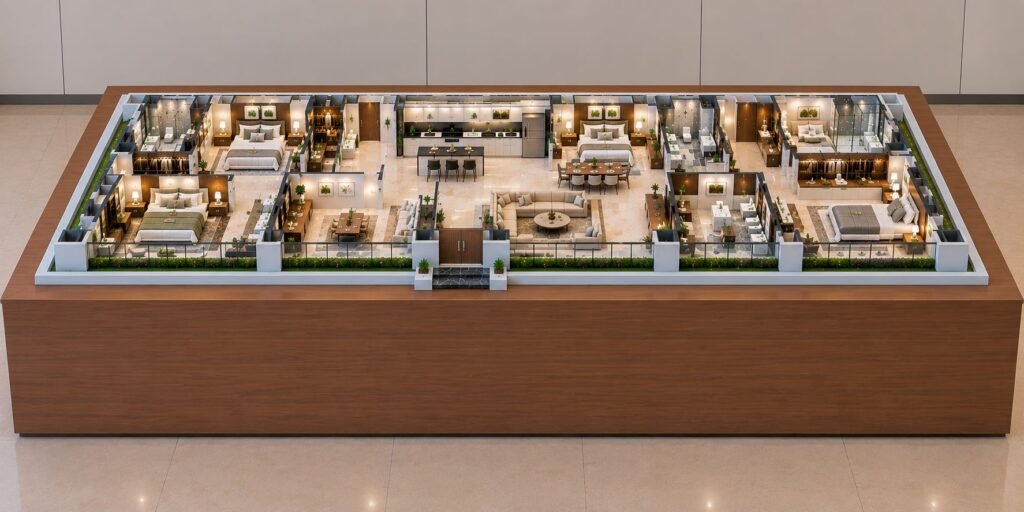 Modern residential interior model with detailed furniture, kitchen, bedrooms, bathrooms, lighting, and balconies