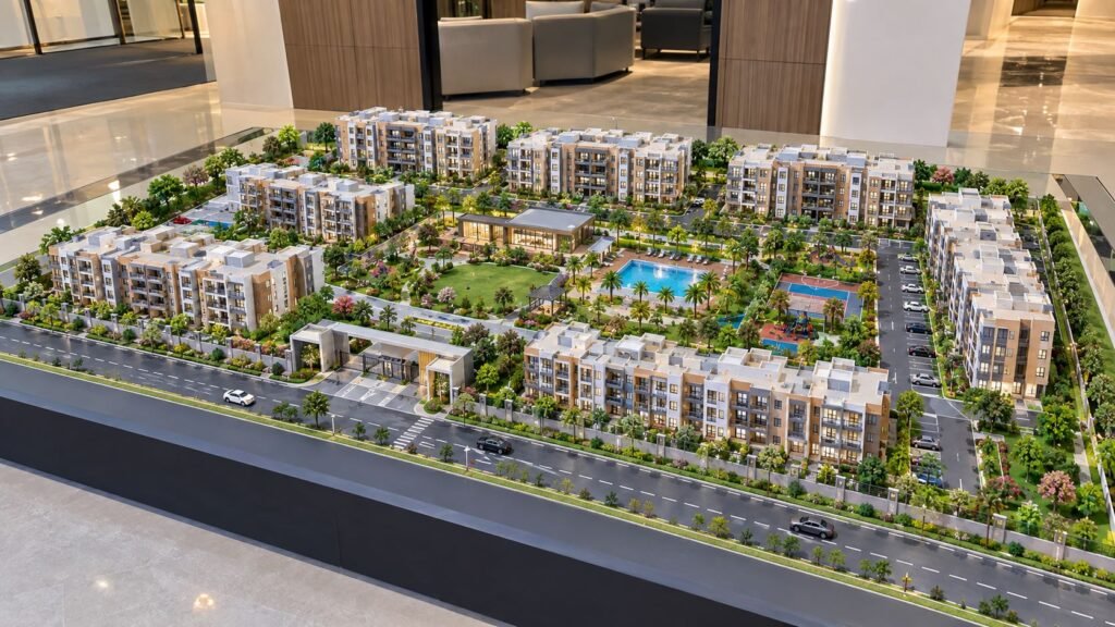Housing project architectural model with residential buildings, roads and landscape
