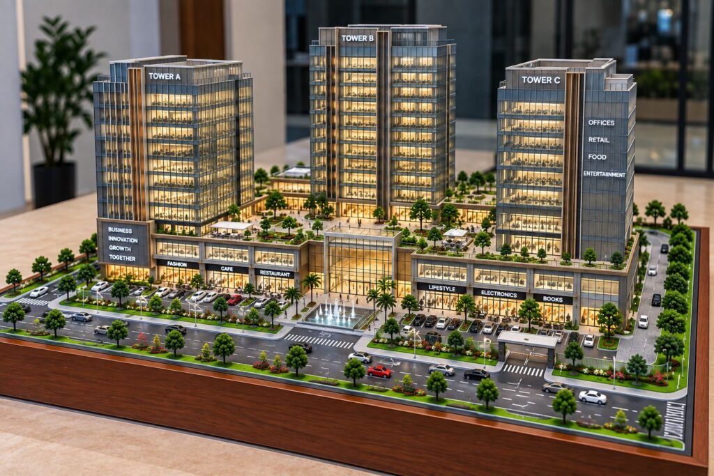 Modern commercial building architectural model with three towers, podium, landscaping and parking