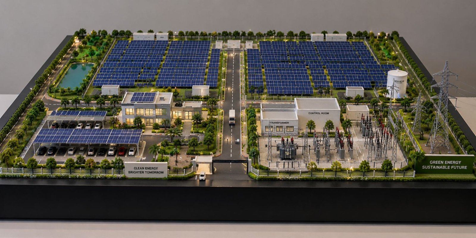 Solar power plant model with solar panels, transformer, power grid and parking