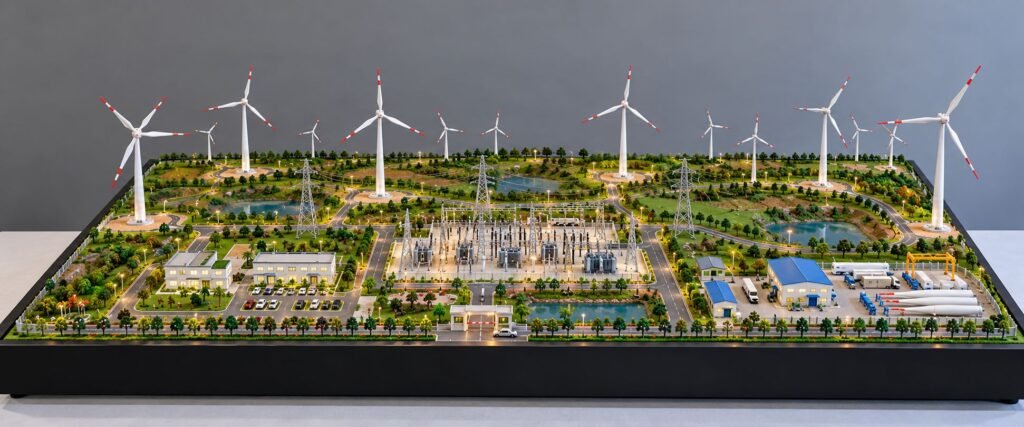 Detailed physical wind power plant model with wind turbines, substation, roads and landscaping