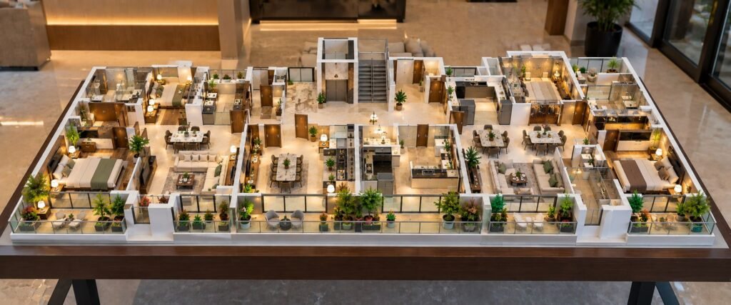 Detailed apartment interior scale model with furniture and lighting