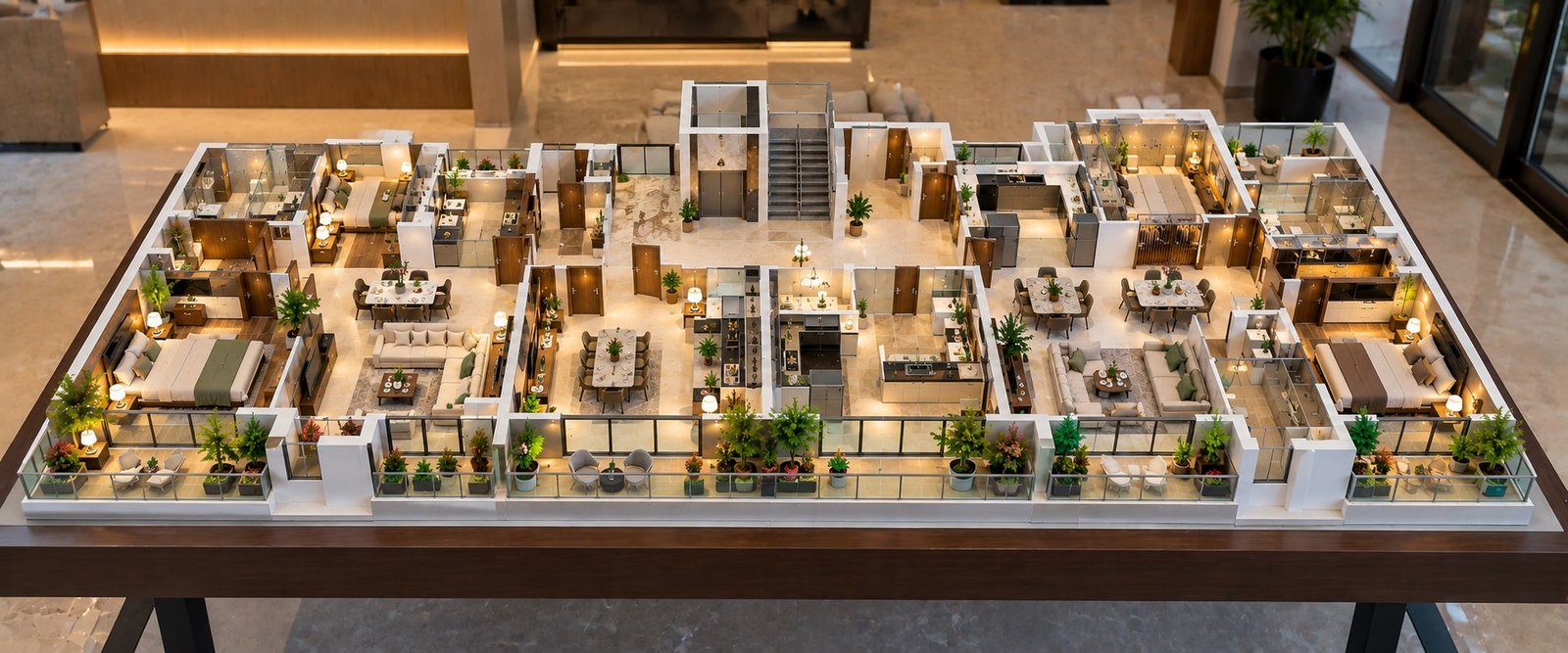 Detailed apartment interior scale model with furniture and lighting