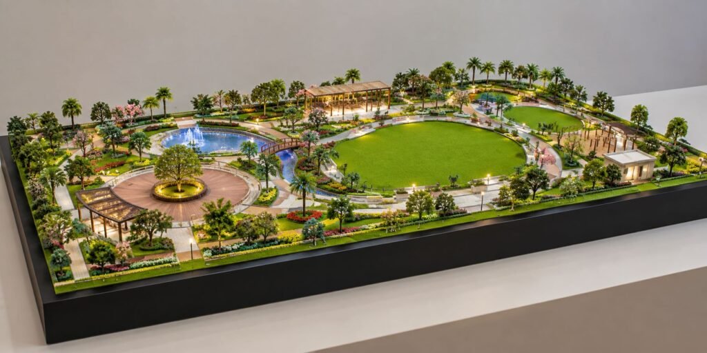 Garden landscape scale model with pathways, greenery, water features and lighting