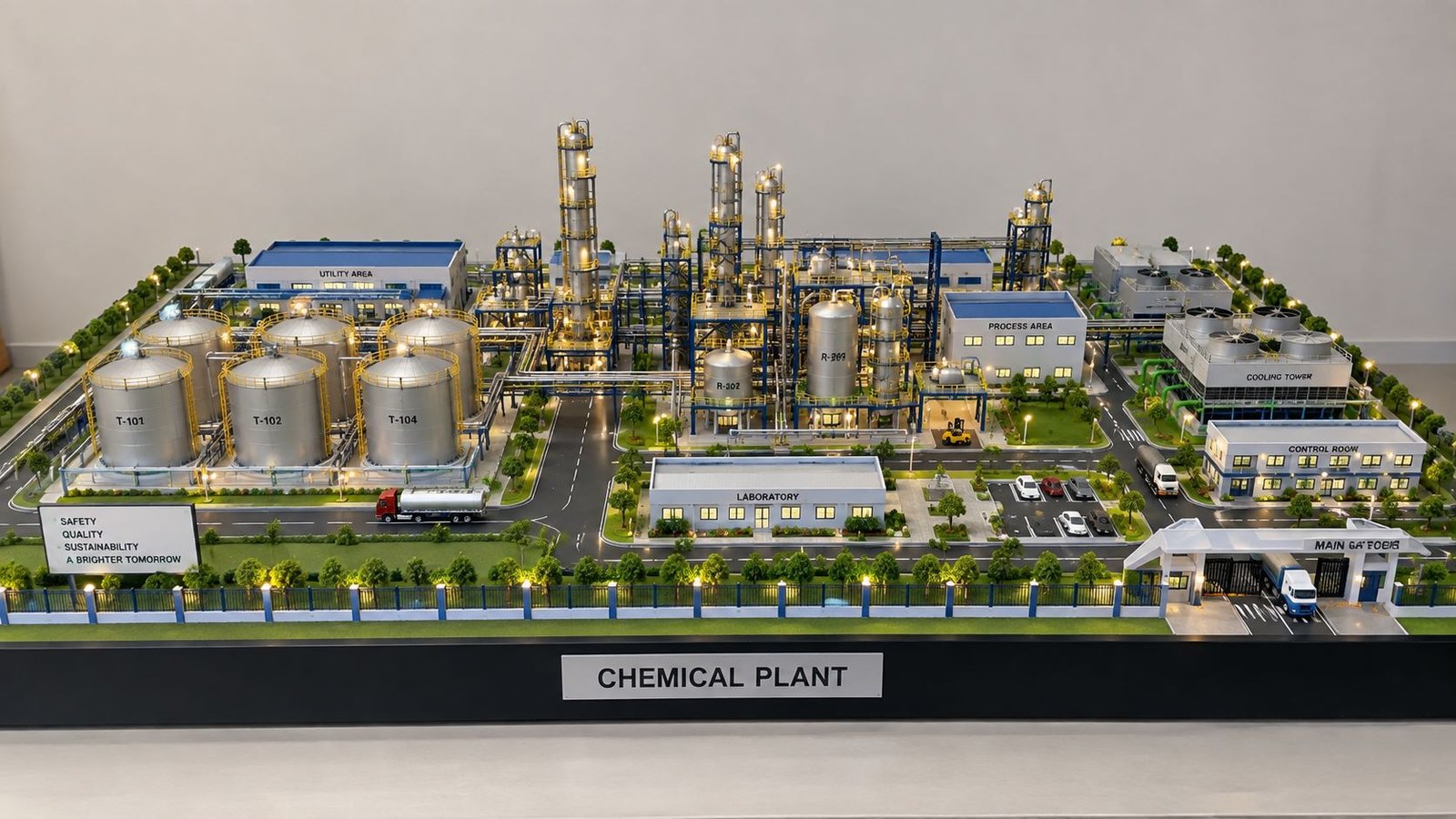 Detailed chemical plant scale model with tanks, process units, pipelines, roads, and buildings