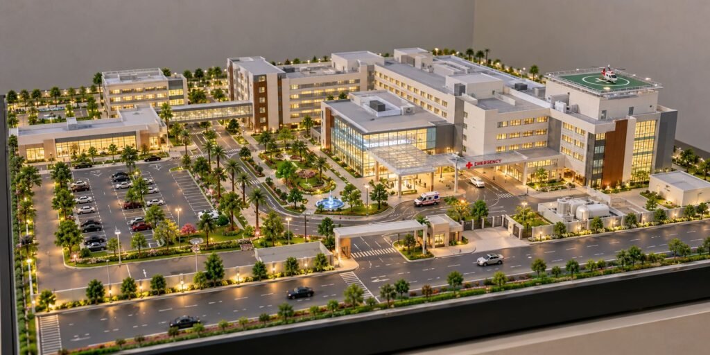 Detailed hospital architectural physical scale model with emergency entrance, parking, landscaping and lighting