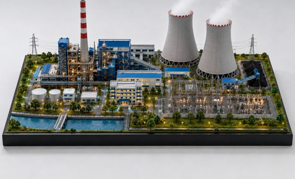 Advanced Thermal Power Plant Engineering Model with Boiler, Turbine, Cooling Towers and Transmission System