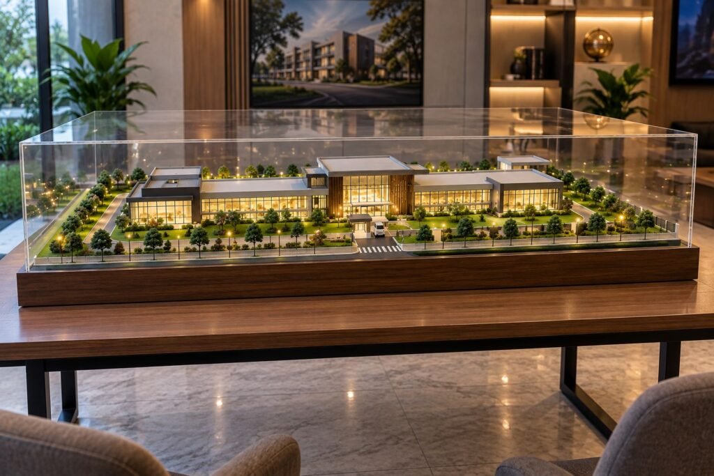 Modern campus architectural scale model with illuminated buildings, landscaping, and transparent enclosure