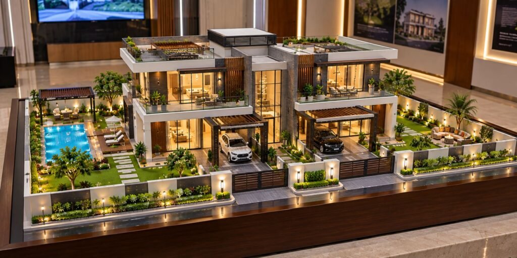 Detailed duplex bungalow architectural scale model with landscape and lighting