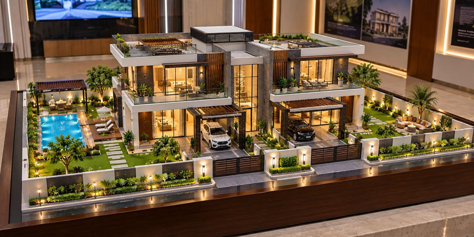 Detailed duplex bungalow architectural scale model with landscape and lighting